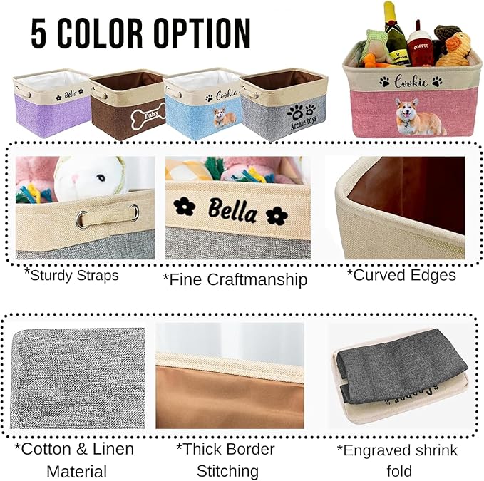 Personalized Dog Toy Storage Basket Collapsible with Pet's Name - Rectangular Custom Organizer Bin for Dog Toys, Coats, Blankets, Clothes | Durable & Space-Saving Design (Custom Pets Name)