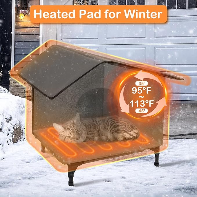Heated Cat House for Outside/Indoor Cats in Winter,Elevated Outdoor Cat House with Heating Pad Bed,Weatherproof Feral Cats Shelter with Soft Mat (Heat Gray)