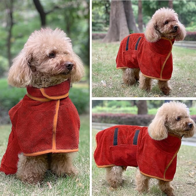 Dog Drying Coat Bathrobe Towel, Microfibre Material Fast Drying Super Absorbent Dog Bath Robe, Pet Quick Drying Moisture Absorbing with Adjustable Collar and Waist (Medium, Red)