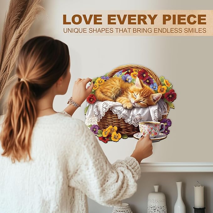 KAAYEE Wooden Puzzles for Adults, Cat’s Rest Puzzles, 85 Piece Unique Animal Shape Puzzle, Cat Wood Puzzle for Adults, Creative Gifts for Cat Lover/Friends/Family, Home Decor(8.5 * 7.2in)