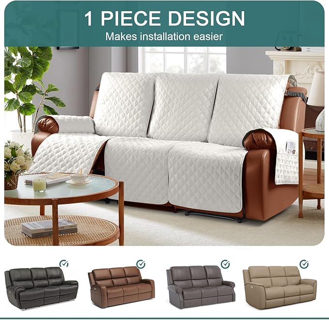 Ruaozz Waterproof Recliner Couch Covers 1-Piece Sofa Covers Washable Recliner Covers Non-Slip Furniture Protector with Elastic Straps Pocket for Kids, Pets(Beige, 3 Seater)