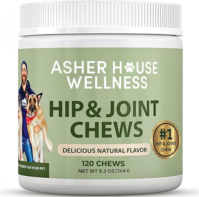 Asher House Wellness Hip and Joint Supplement for Dogs - Natural Soft Chew with MSM, Chondroitin, Glucosamine, Vitamins - Promotes Joint Health & Pain Relief Senior & All Dog Breeds, Large, 120 Chews