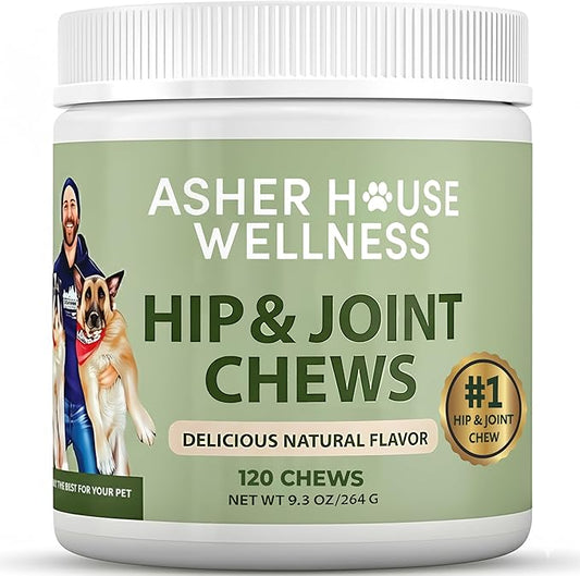 Asher House Wellness Hip and Joint Supplement for Dogs - Natural Soft Chew with MSM, Chondroitin, Glucosamine, Vitamins - Promotes Joint Health & Pain Relief Senior & All Dog Breeds, Large, 120 Chews