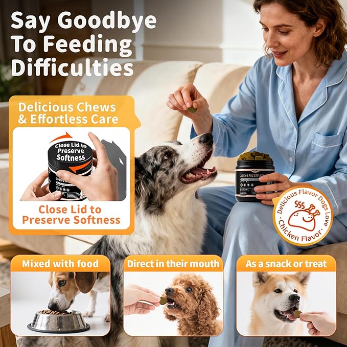 25-in-1 Dog Multivitamin Chews – All-in-One Daily Vitamins & Supplements for Dogs, Joint Support with Glucosamine MSM, Omega-3 Skin & Coat, Gut, Heart & Brain, All Breeds & Ages, Chicken, 90 Ct