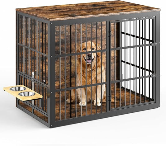 Lyromix 48'' XXL Dog Crate Furniture with Rotating Feeder, Large Wooden Crate End Table, Heavy Duty Indoor Kennel Cage for Medium to Large Dogs, Brown