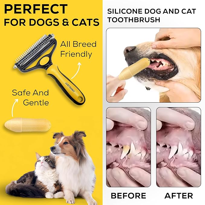 Pet Grooming Set – 1 Brush + 2 Toothbrushes (Soft & Finger) for Dogs & Cats(Yellow Handle)