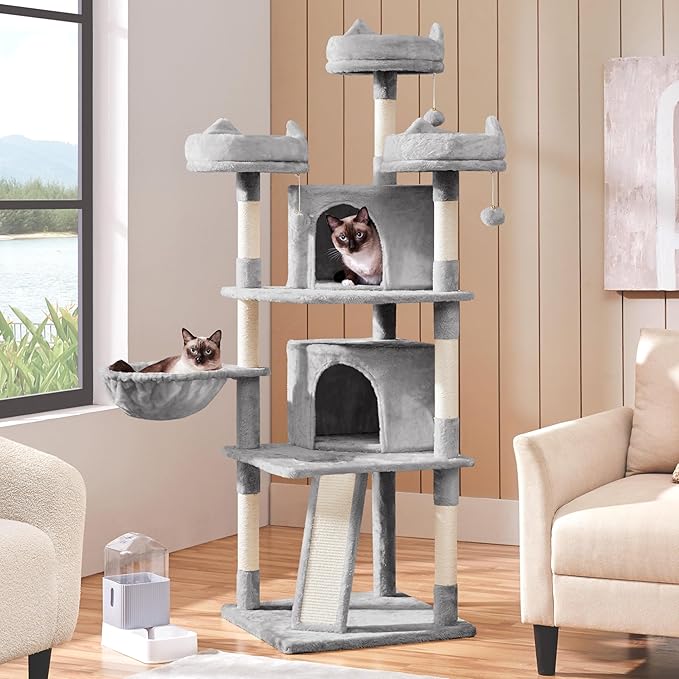 Yaheetech 68.5in Cat Tree for Large Cats, Multi-Level Cat Tower with 3 Wide Perches, Large Condo, Stable Pet Play House w/Sisal-Covered Scratching Posts & Board, Light Gray