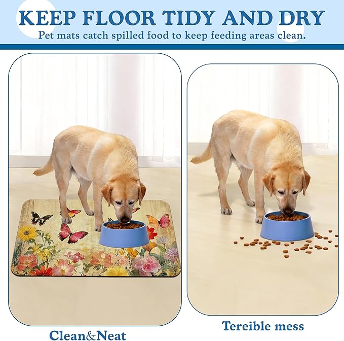Vintage Butterfly Floral Pet Food Mat for Cats and Dogs–Absorbent Quick Dry Feeding Placemat, Non Slip Rubber Base, Waterproof Bowl Mat for Indoor Use, Pet Supplies 16"x24"