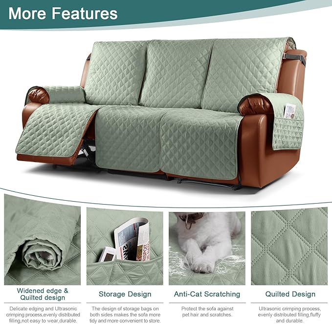 Ruaozz Waterproof Recliner Sofa Cover 1-Piece Couch Covers for Reclining Couches Reclining Sofa Cover Washable Furniture Protector with Elastic Straps Pocket for Kids, Pets (Sage Green, 3 Seater)