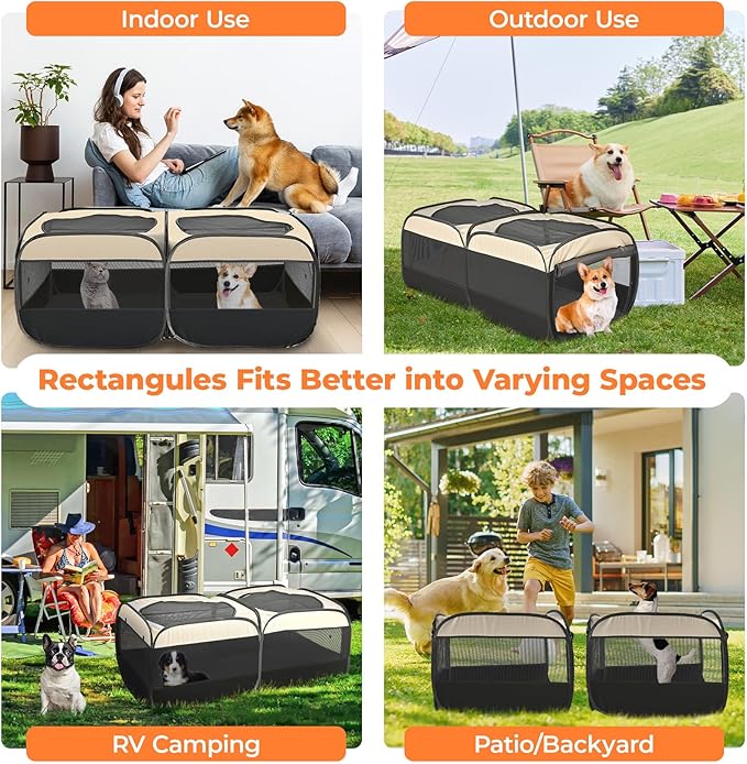 2-in-1 Pop Up Puppy Playpen, Detachable into 2 Separate Pens with Additional Doors, Assembly-Free Portable Cat Dog Crates Pet Pen Tent Kennel Kitten Enclosure Cage Indoor Outdoor Foldable Condo(L)