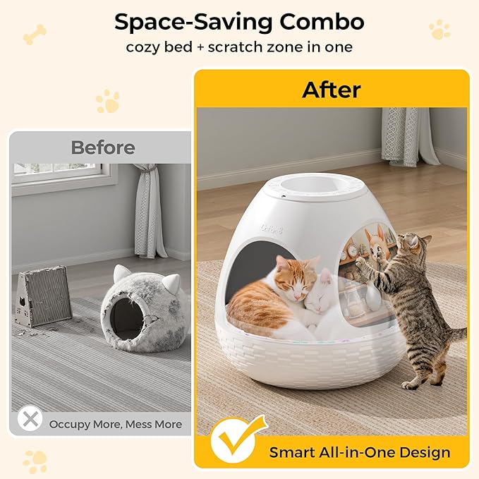 Copod8 Cat Bed Heated Pet Cave 4-in-1 Kitty Warming House Condo with Replaceable Scratching Board, Heating Pad and Air Purifier for Indoor Cats Rabbits Guinea Pigs Small Dogs (White)