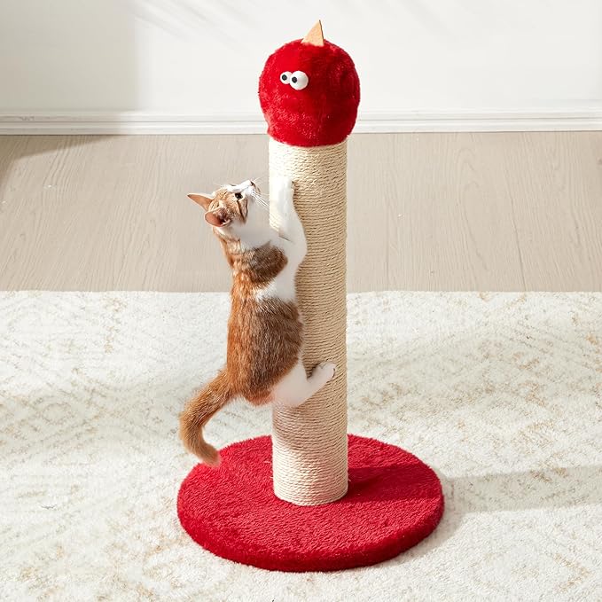 Indoor Cat Scratching Post: 22 in Tall Cat Scratcher with Natural Sisal Rope, Cute Monster Design Kitty Pet Tower with Sturdy Wood Base, Great Gift for Small and Large Kittens, Red