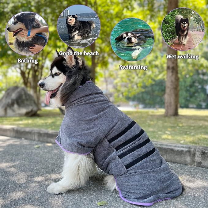 Dog Drying Coat Bathrobe Towel,Microfibre Material Fast Drying Super Absorbent Dog Bath Robe, Pet Quick Drying Moisture Absorbing with Adjustable Collar and Waist