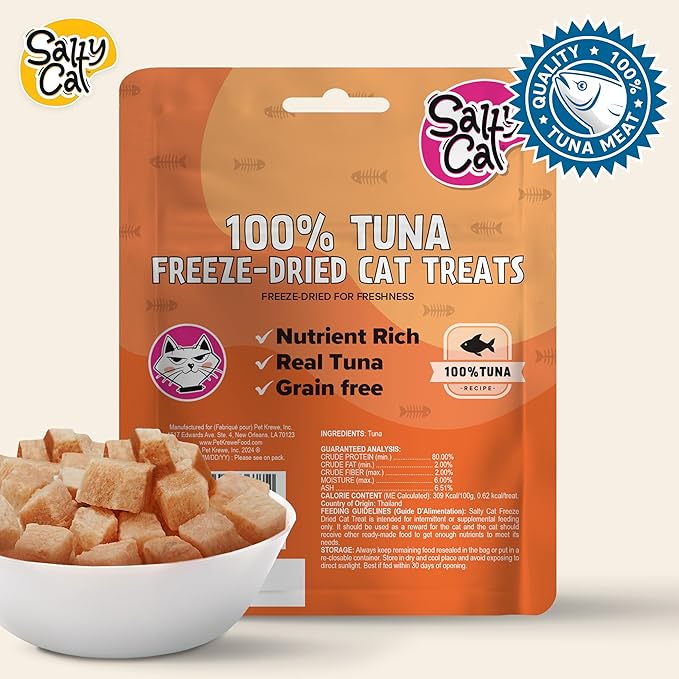 Salty Cat Freeze Dried Cat Treats, 100% Real Tuna Freeze Dried Cat Food for Freshness, Single Ingredient & Grain Free Kitten Treats, Nutrient Rich, 10g (12 Pack)