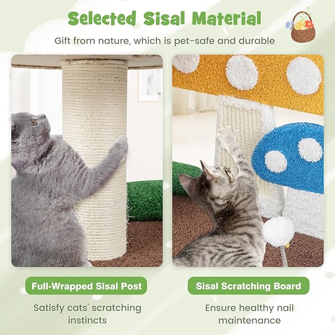 Tangkula Mushroom Cat Tree, Cute Cat Tower with Full-Wrapped Sisal Post, Scratching Board & Spring Ball, Cat Condo, Flower Cat Tree Tower for Indoor Cats Large Adult (23.5 Inch)