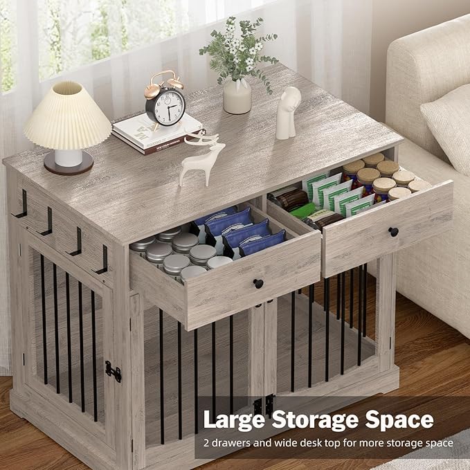 40'' Wooden Dog Crate Furniture–Farmhouse Dog Kenel-Multi Purpose Pet House with Double Doors, 2 Drawers, for Small, Medium & Large Dogs–Rustic Grey Finish