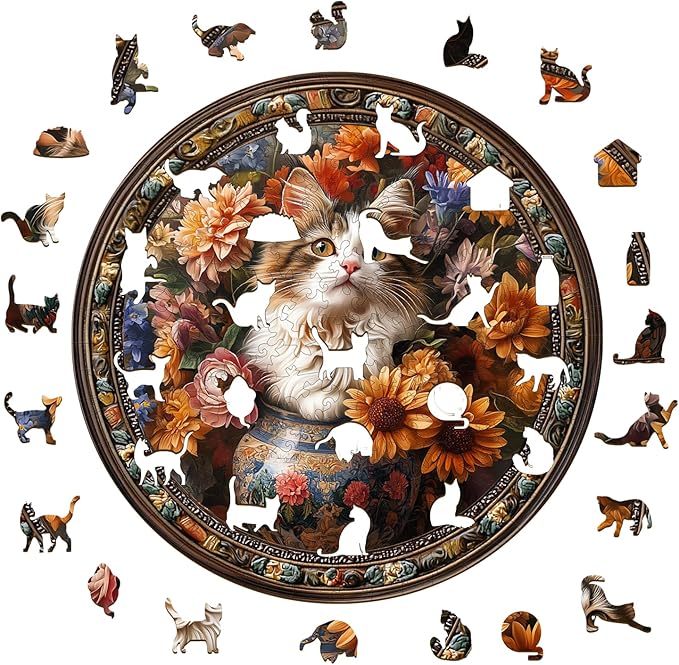 KAAYEE Wooden Puzzles for Adults, Beautiful Tricolor Cat 100 Piece Unique Animal Shape Puzzle, Cat Wood Puzzle for Adults, Creative Gifts for Friends/Family(8.5 * 8.5in)