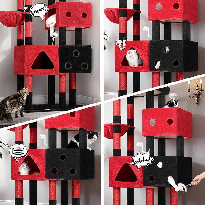 Globlazer Extra Large Gothic Cat Tower, 81-inch Tall Goth Cat Tree for Big Cats 20 lbs, XXL Heavy Duty Cat Scratching Tower for Indoor Adult Cats with 3 Cat Condos, 8 Scratching Posts, F81, Black Red