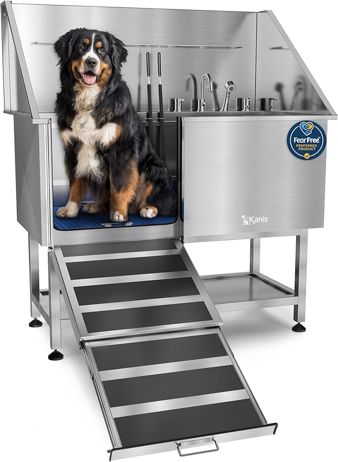 KANIS Professional Dog Washing Station - 304 Stainless Steel Pet Wash Sink & Grooming Bathtub w/Shower, Floor Grates and Storage for Large, Medium & Small Pets (50", Shelf - Left Ramp)