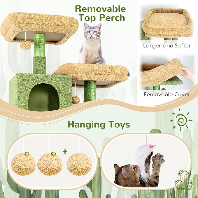 Globlazer Cactus Cat Tree Tower 76-Inch Extra Tall Multi-Level Cat Furniture with Cozy Condos,Interactive Toys and Perches for Large Cats, Perfect for Climbing, Scratching, and Play, F76, Green
