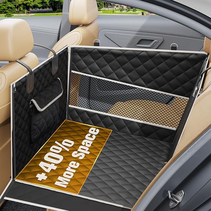 PETICON Dog Car Seat for Large Medium Dogs, One-Piece Hard Bottom Back Seat Extender for Dogs with 2 Mesh Windows, Waterproof Pet Carseat with Storage Pocket for Cars, SUVs and Trucks