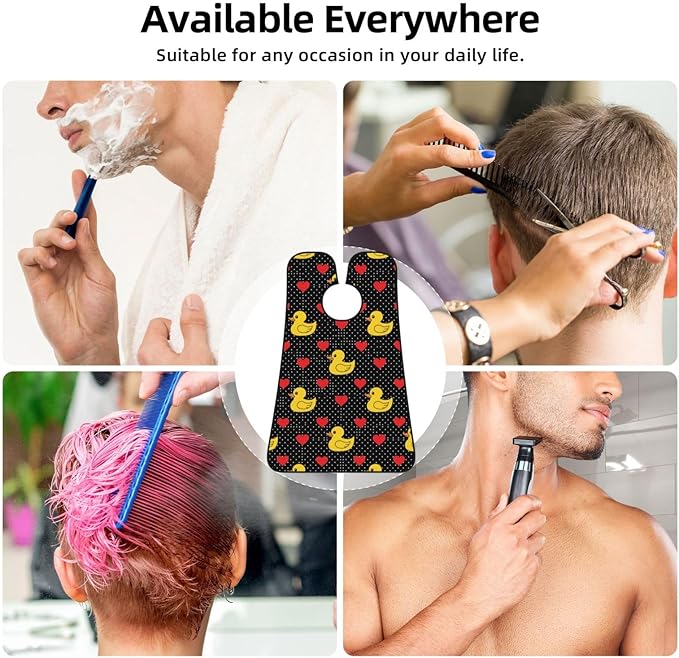 No-Slip Shaving Bib, Beard Grooming Apron with Strong Suction Cups, Black Red Love Hearts Polka Dots Yellow Rubber Ducks