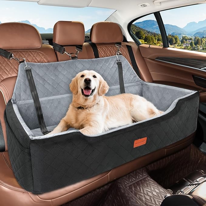 Large Dog Car Seat Under 100 lbs, Washable Dog Car Bed for 2 Medium Dogs, Detachable Pet Booster Seat with Storage Pocket and Seat Belt for Back Seat Dog Travel Bed