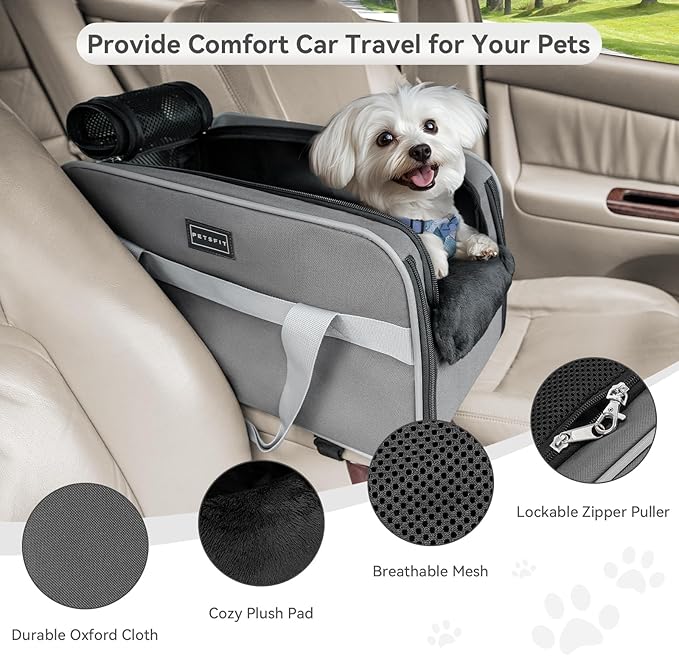 PETSFIT Multipurpose Center Console Dog Car Seat, Airline Approved Dog Car Carrier with Safety Tether and Pockets, Portable Cat Car Seat, Dog Car Seats for Small Dogs, Cats Up to 9 LBS (Deep Grey)