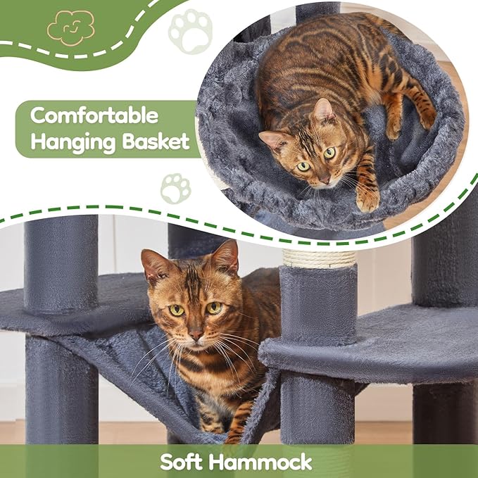 Taoqimiao MS042G Cat Tree,66-inch Large Cat Tower with Scratching Posts, Luxurious Large Platform for Big Cats with Soft Hammock, Adjustable Basket, Deluxe Cat Cando, Top Perch Smoke Gray