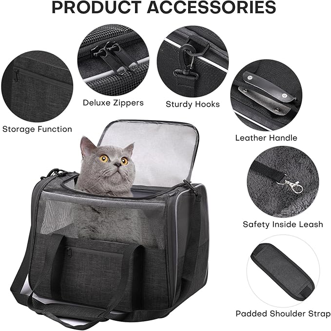 JUNGYOUN Premium Cat Carrier - Pet Carrier for Cat & Small Dogs up to 15lbs - Airline Approved Travel Dog Carrier with Anti-Escape Zippers, Collapsible Travel Bowl & Padded Strap