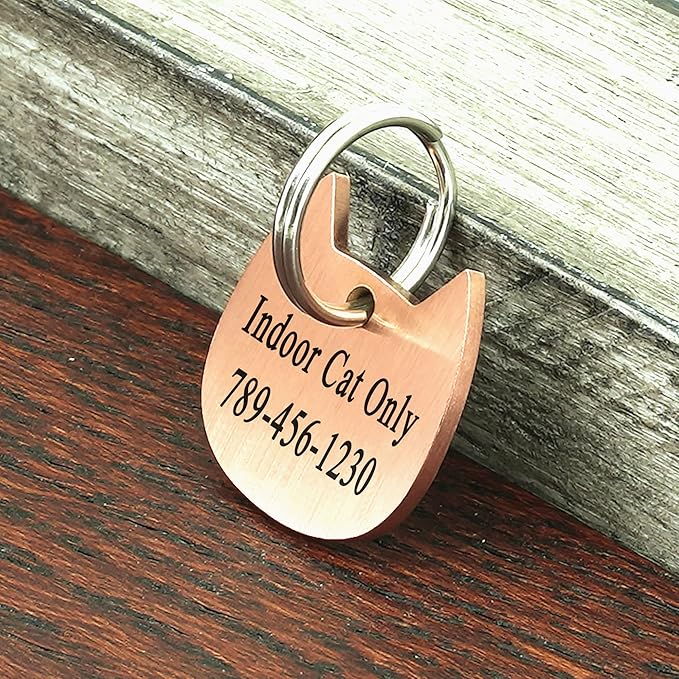 Ultra Joys Cat ID Tag Personalized Pet Tags, Durable Stainless Steel Small Pet Mini Dog Cat Tag Lightweight - Cathead Tag in Rose Gold