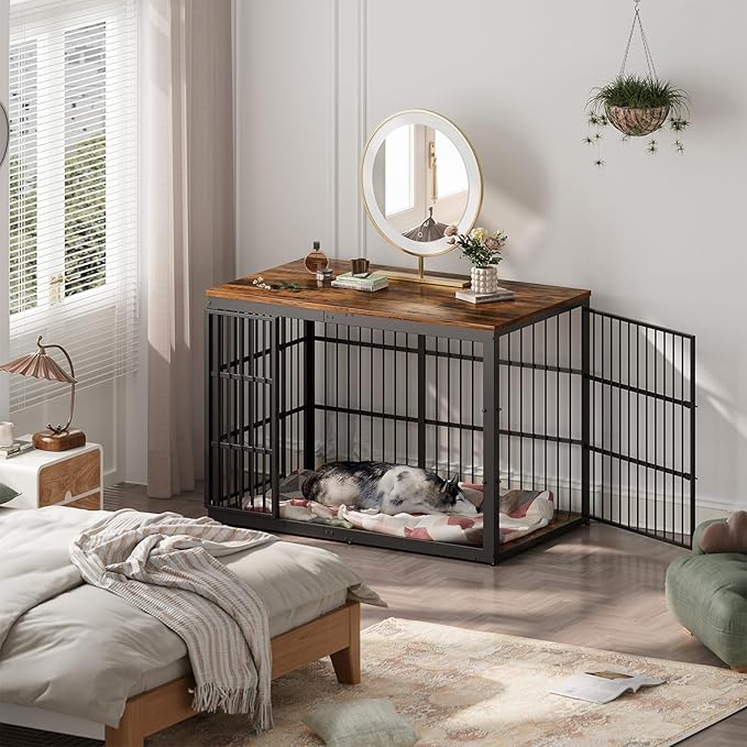 Lyromix 54" Dog Crate Furniture with Foldable Door, XXL Dog Crates for Large Dogs, Wooden Decorative Dog Cage Kennel Indoor End Table, Rustic Brown