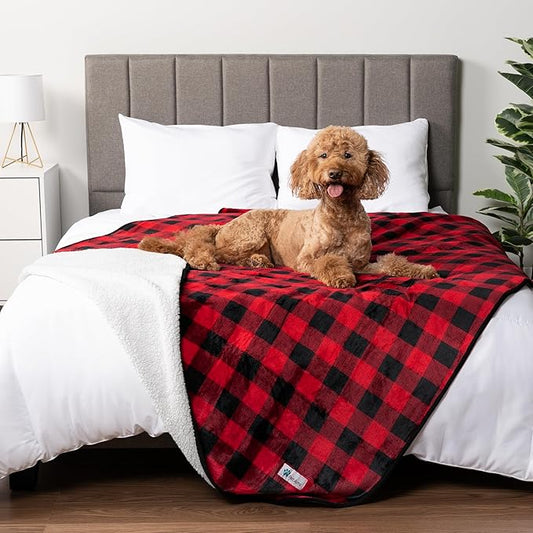 PetAmi Waterproof Dog Blanket Sherpa Fleece, Pet for Medium Large Dogs, Reversible Cat Throw Bed Couch Sofa Furniture Protector, Soft Plush Microfiber (Queen 90x90, Checker Red) Checkered Red