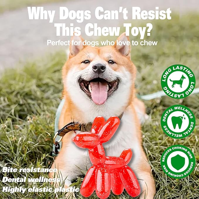 Durable Dog Chew Toy – Balloon Dog Shape, 6.14” for Medium & Large Dogs, Tough Plastic, Interactive Chew Toy for Boredom & Dental Health（Red）