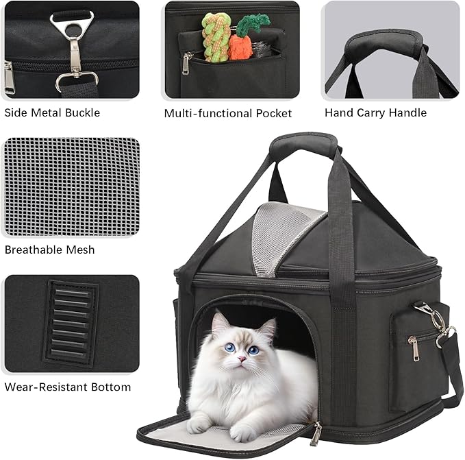 Pet Carrier Soft-Sided Carriers Travel Tote Bag for Small Dogs Cats, Fashion Foldable Pet Bag for Puppies Small Animals with Pockets (Black, 16.2" x 11.4" x 13")