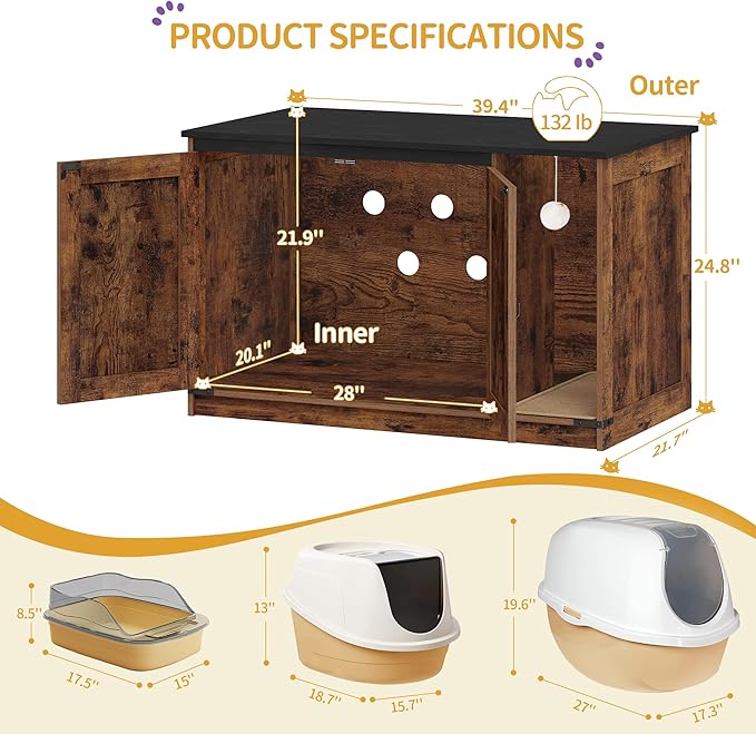 Cat Litter Box Enclosure, Hidden Litter Box Cabinet Furniture with Bell, Indoor Cats House, Farmhouse Style, 39.4 x 21.7X 24.8 Inches for Hallway, Bedroom, Rustic and Black CB85201X