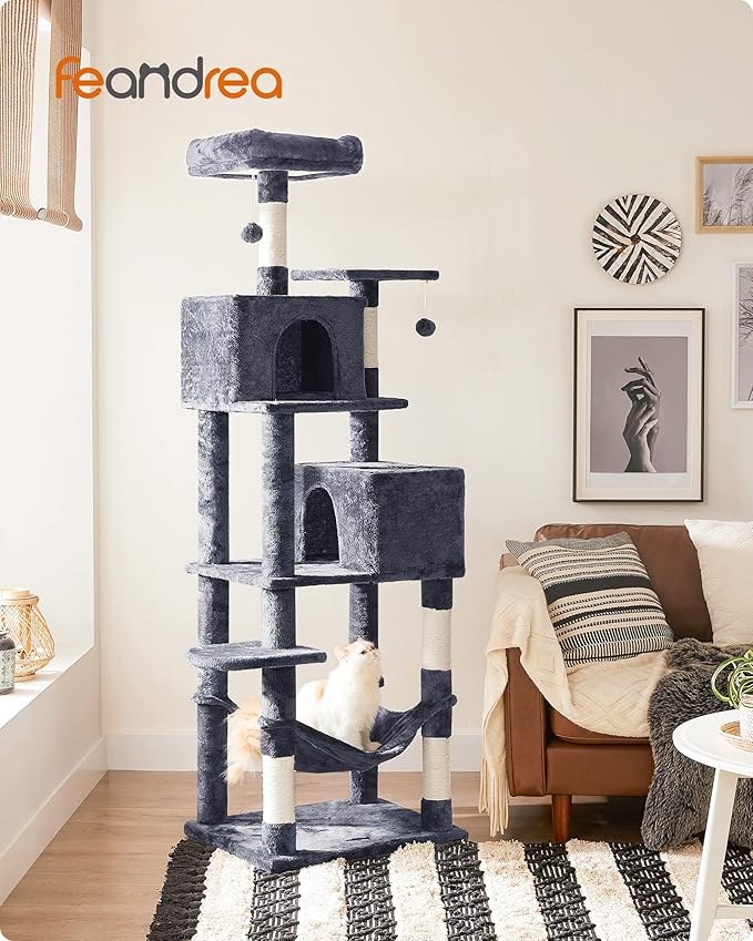 Feandrea Cat Tree, 75.2-Inch Cat Tower for Indoor Cats, Plush Multi-Level Cat Condo with 5 Scratching Posts, 2 Perches, 2 Caves, Hammock, 2 Pompoms, Smoky Gray UPCT191G01