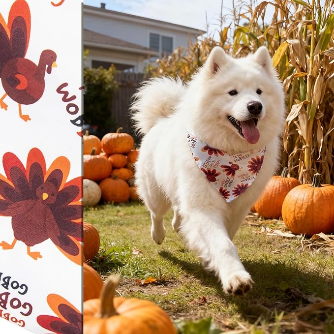 Dog Fall Bandanas Theme - Gobble Till You Wobble - Cute Turkey Printed Thanksgiving Holiday Pet Triangle Scarf with Snap Button, Extra Large Breed, 75lbs+