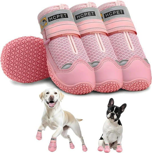 Hcpet Dog Shoes for Large Dogs, Breathable Dog Booties for Small Medium Dogs, Anti-Slip Dog Boots & Paw Protectors for Hot Pavement Winter Snow Hiking with Reflective Straps Pink Size 7
