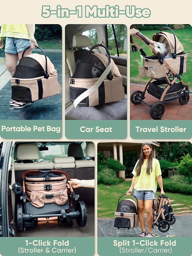 Small Dog Stroller, Pet Stroller for Small Dogs, 5-in-1 Dog Strollers - Fold All in One Without Detaching Carrier, Pet Strollers with Removable Waterproof Carrier for Dogs Cats 10 lbs 20 lbs - Khaki