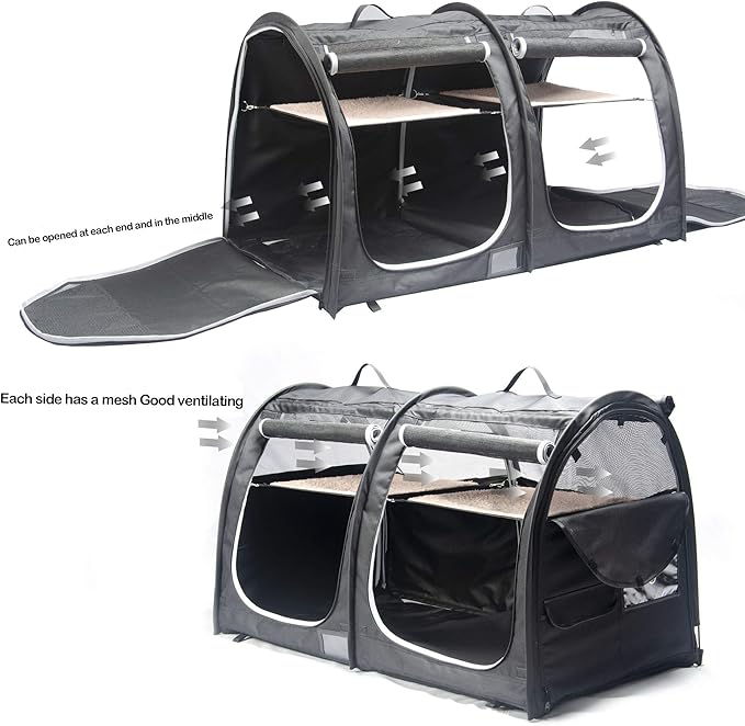 Mispace Portable Twin Compartment Show House Cat Cage Condo,Comfy Puppy Home Dog Travel Crate with Carry Bag/2 Hammocks/Mats & Collapsible Litter Box