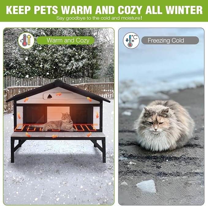 GUTINNEEN Heated Cat House for Outside Large Insulated Cat House Outdoor Weatherproof Feral Cat Shelter with Heated Pad, Insulated All-Round Thermal Liner, Chewproof Cable for Multiple Cats in Winter