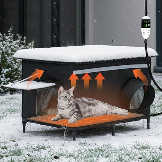 Heated Outdoor cat House for Outside, Weatherproof Insulated Feral Cat Shelter with Timer-Temp Control Heating Pad in Winter, Large Elevated Outdoor Cat House with Zipper, 2 Doors, Safety- Black