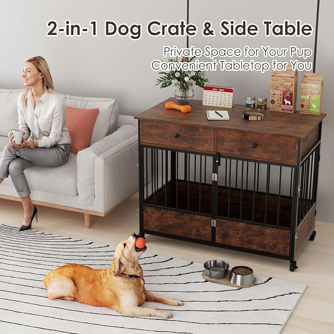 44.5" Dog Crate Furniture, Wooden Dog Kennel with Storage Drawers, Large Dog Cage with Wheels, Heavy Duty Wooden Dog Crate End Table with Steel Tubes for Big Breed