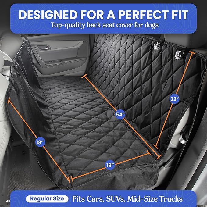 4Knines Dog Backseat Cover with Hammock for Cars, SUVs, and Trucks – Waterproof Layers, Nonslip Seat Protector, Durable Nylon Clips, K9 Shield with Heavy Duty Thread, (Regular, Grey)