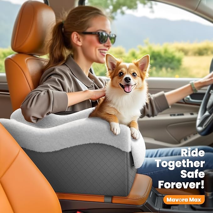 Portable Small Dog Seat for Car, Luxury Center Console Dog Car Seat Booster with Safety Tethers, Anti-Collapse Pet Travel Carseat for SUV, Truck (Dark Grey/White)