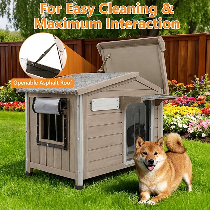 Dog House Indoor Outdoor with Chew-Proof Frame, Weatherproof Dog Kennel Puppy Shelter with Openable Asphalt Roof, Window, Easy to Clean for Small to Medium Dogs (30.1" L*18.3" W*24" H)