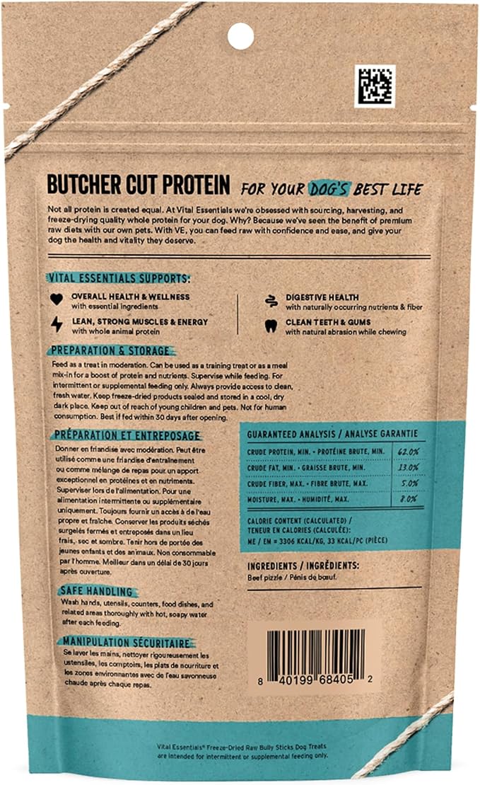 Vital Essentials Single Ingredient Bully Sticks Dog Treats, 1.4 oz | Freeze-Dried Raw | Premium Quality High Protein Training Treats | Grain Free, Gluten Free, Filler Free