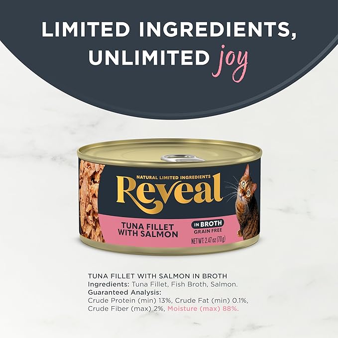 Reveal - Grain Free | Wet Canned Cat Food | 2.47oz - 24 Pack - Premium Nutrition, 100% Natural, No Additives, and Limited Ingredients (Tuna with Salmon in Broth)