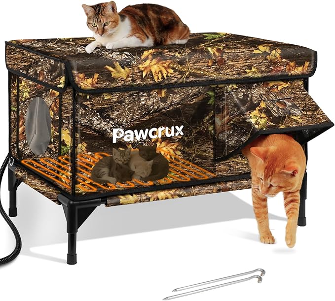 Weatherproof Heated Cat House for Outdoor in Winter, Heated Cat Bed Kitty Shelter with Cat Heating Pad, Insulated & Safe Escape Door, Warm House for Outside Stray Cat(Leaf Color, 17"x25"x17")